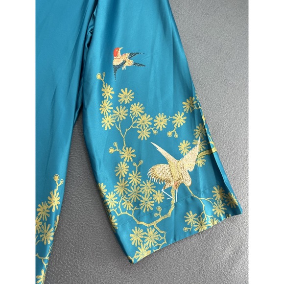 Natori Robe Womens Large Blue Kimono Long Sleeve Bird Floral Embroidered 55in - Picture 8 of 16